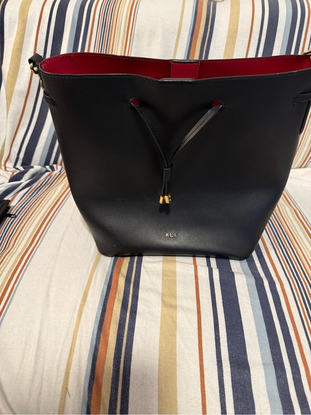 Ralph Lauren Black Leather Drawstring Tote with Red Interior and Gold Accents